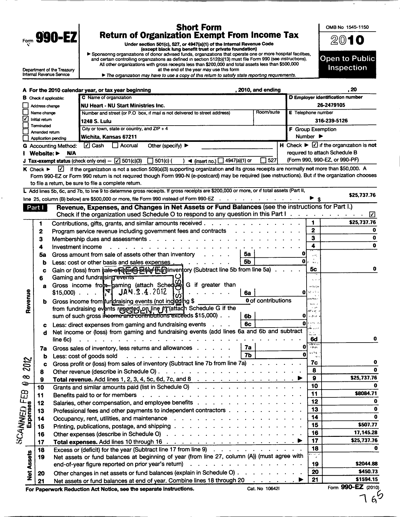 Image of first page of 2010 Form 990EZ for Nu Heart-Nu Start Ministries