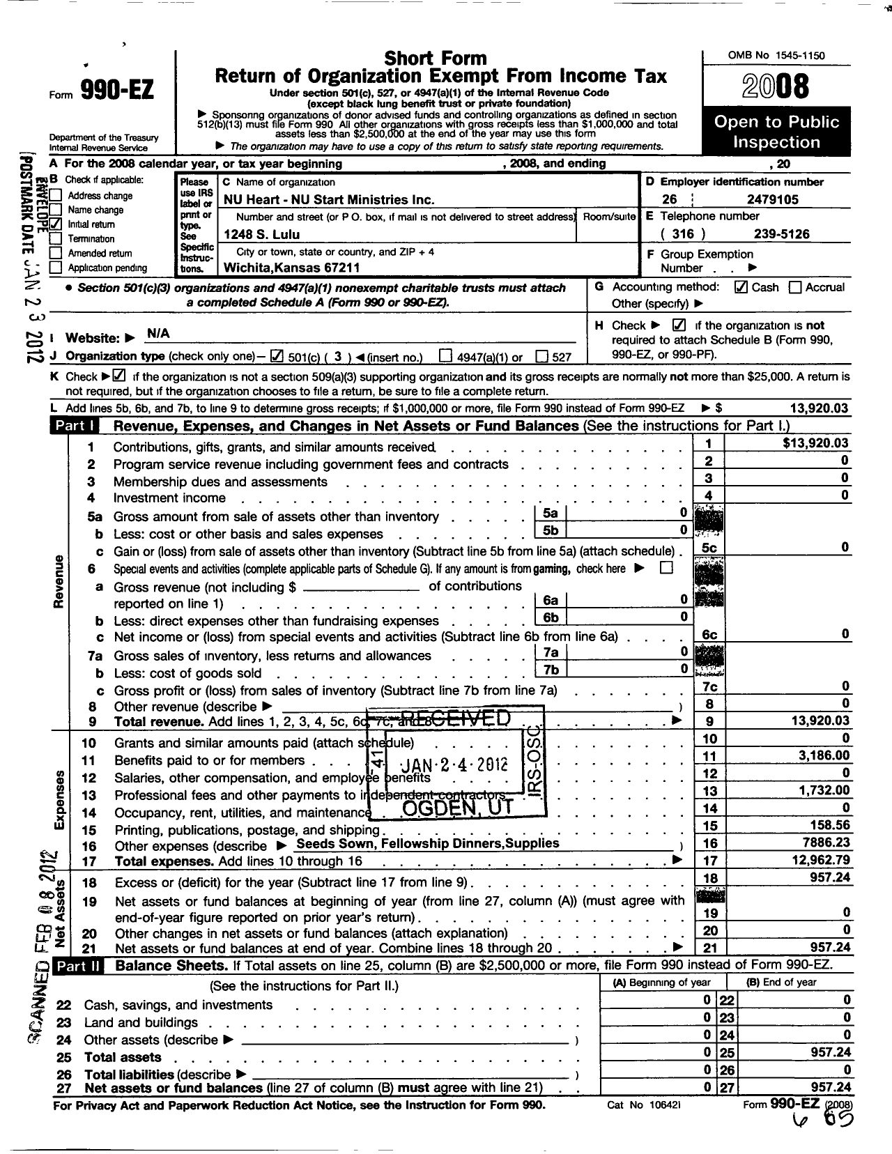 Image of first page of 2008 Form 990EZ for Nu Heart-Nu Start Ministries