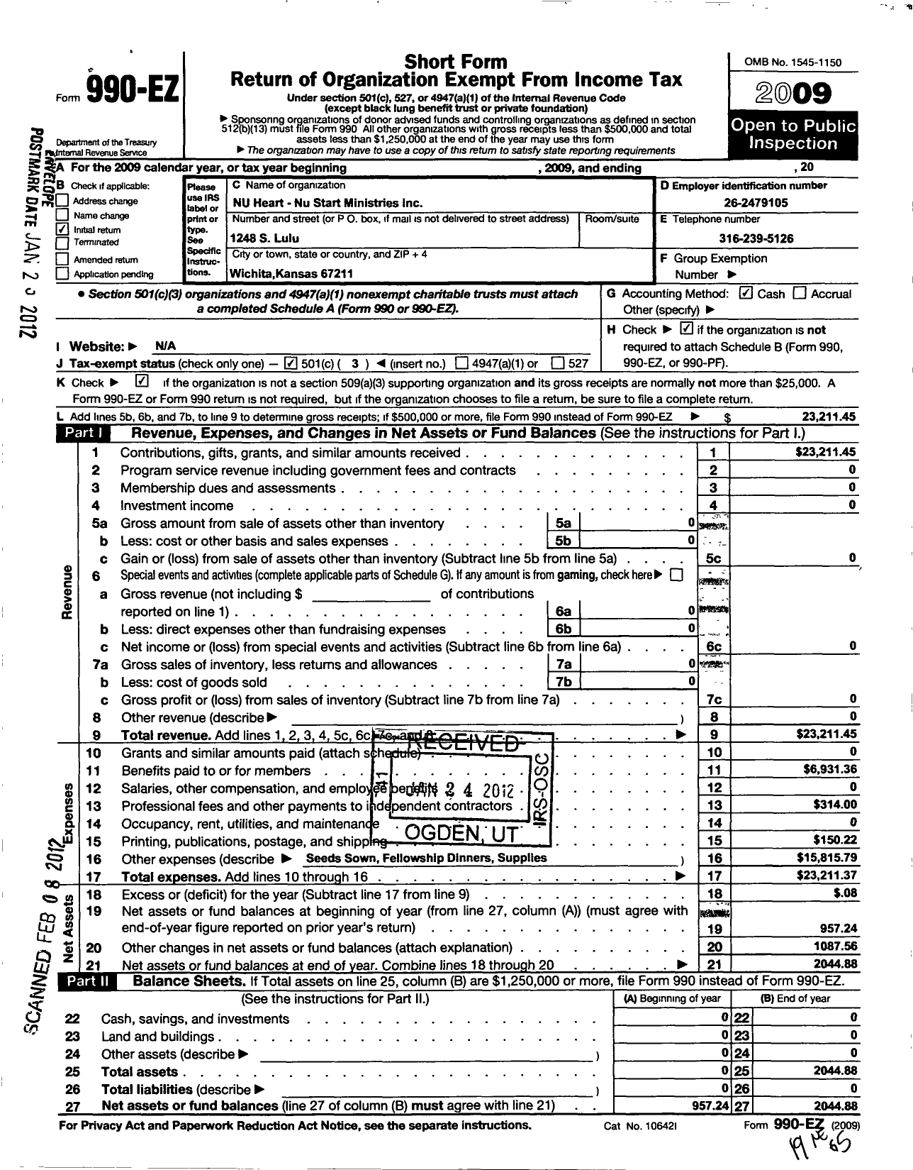 Image of first page of 2009 Form 990EZ for Nu Heart-Nu Start Ministries