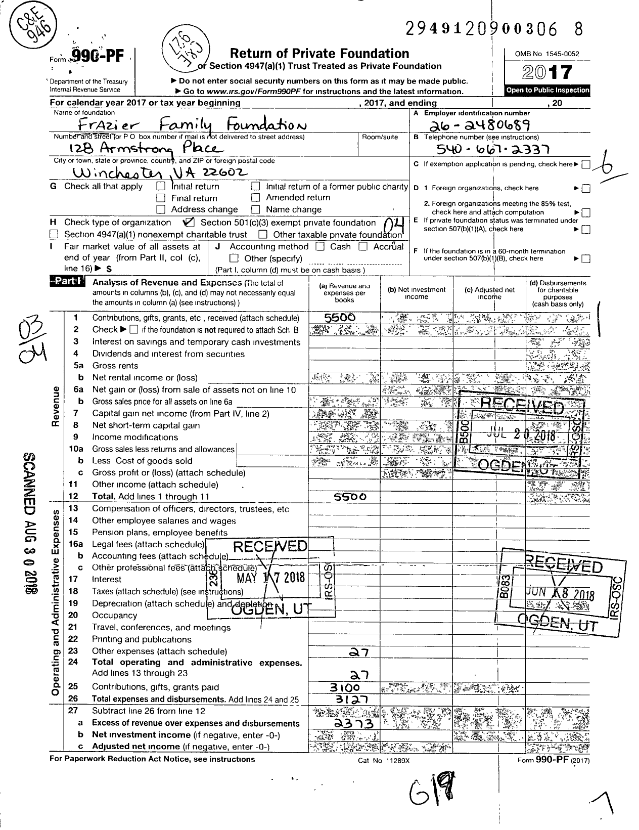 Image of first page of 2017 Form 990PF for Frazier Family Foundation