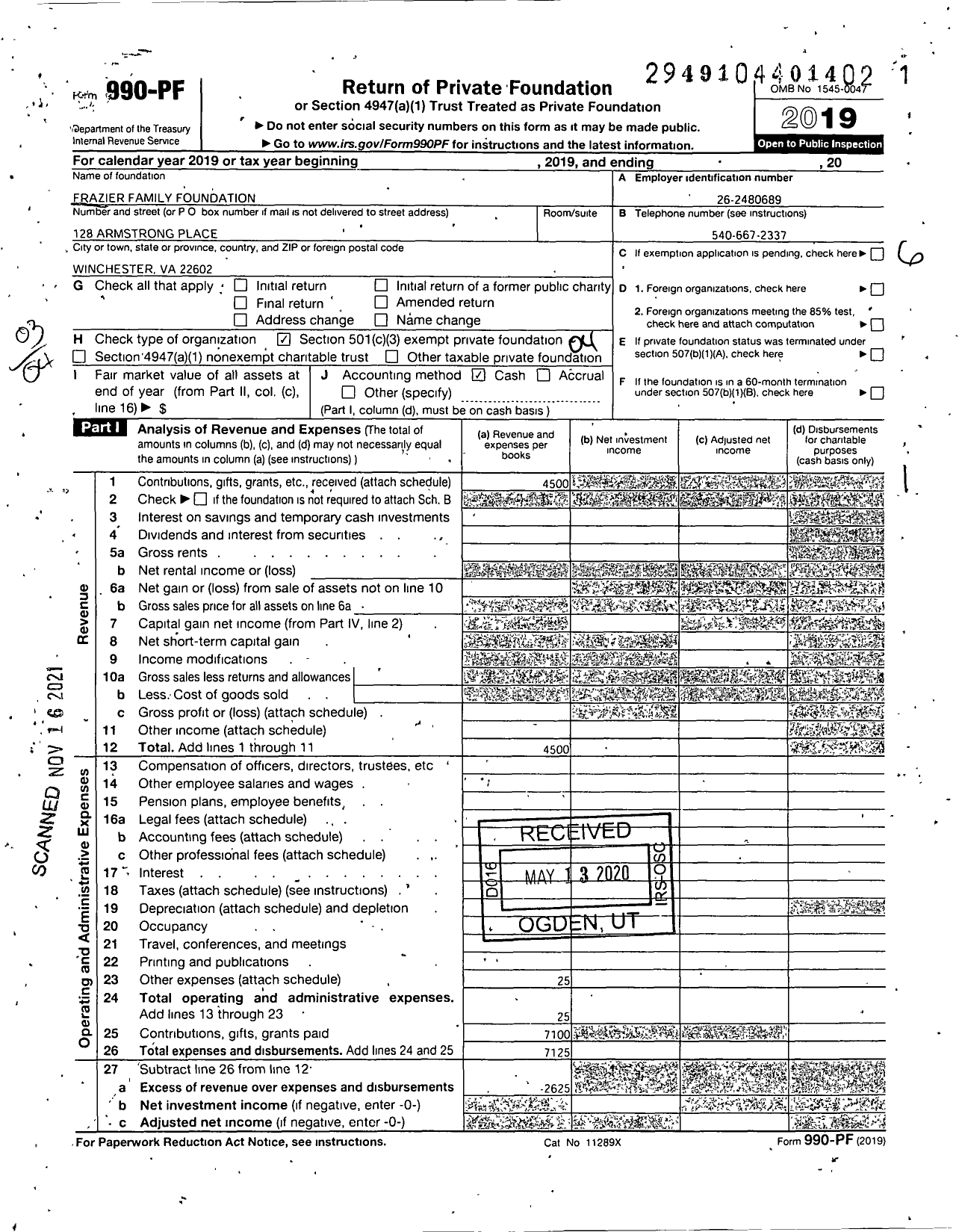 Image of first page of 2019 Form 990PF for Frazier Family Foundation