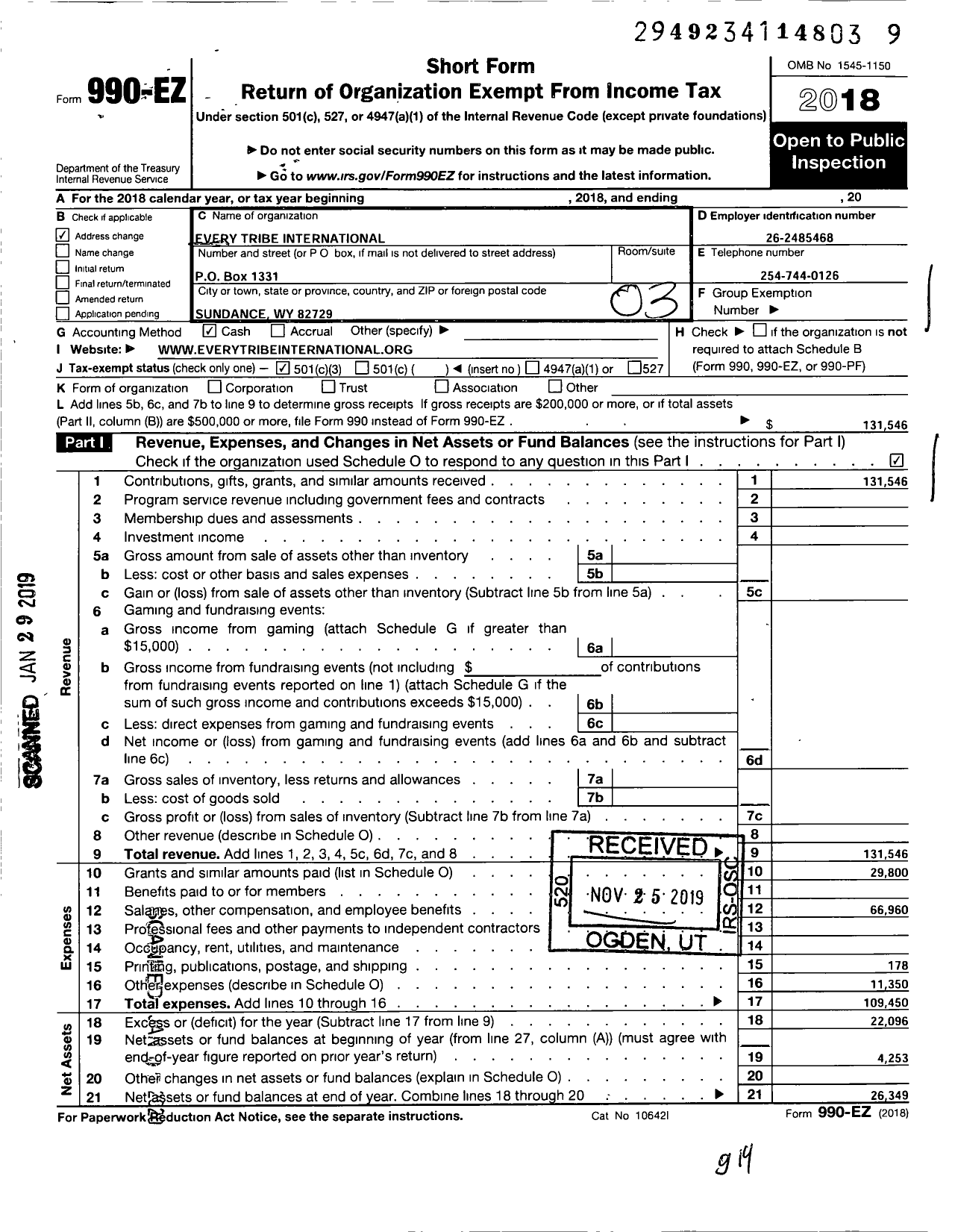 Image of first page of 2018 Form 990EZ for Every Tribe International