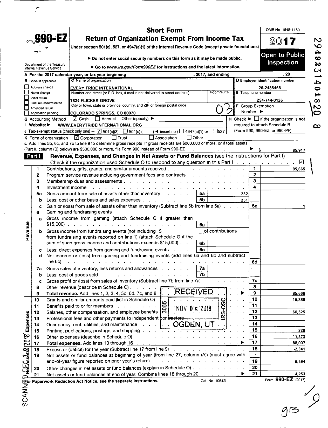 Image of first page of 2017 Form 990EZ for Every Tribe International