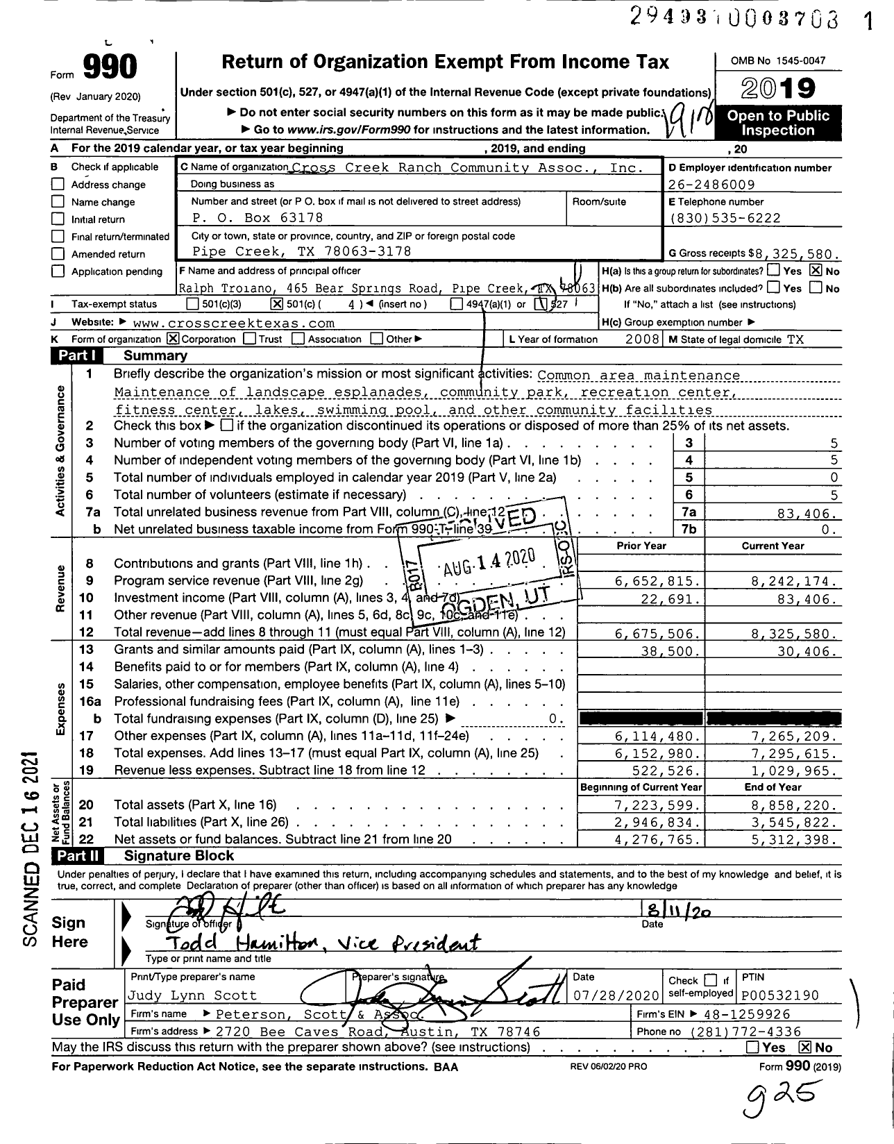 Image of first page of 2019 Form 990O for Cross Creek Ranch Community Assoc