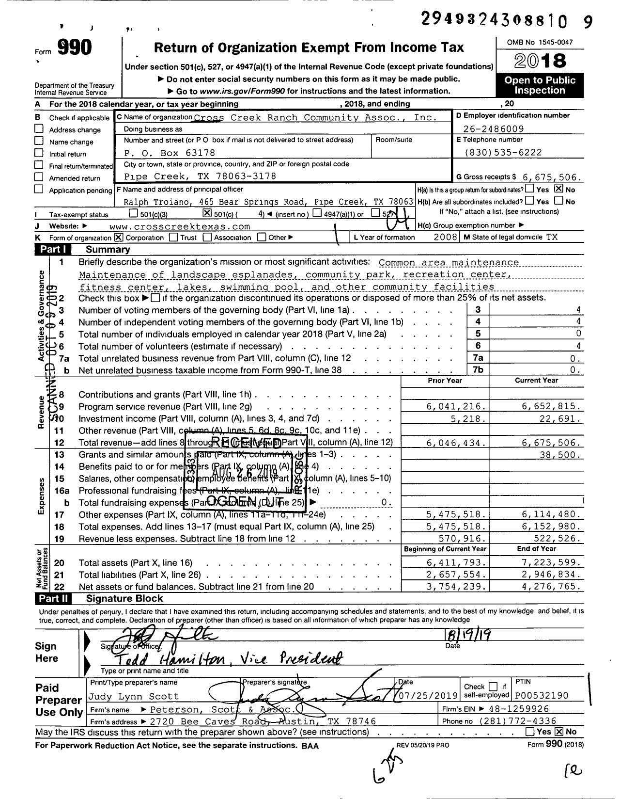 Image of first page of 2018 Form 990O for Cross Creek Ranch Community Assoc