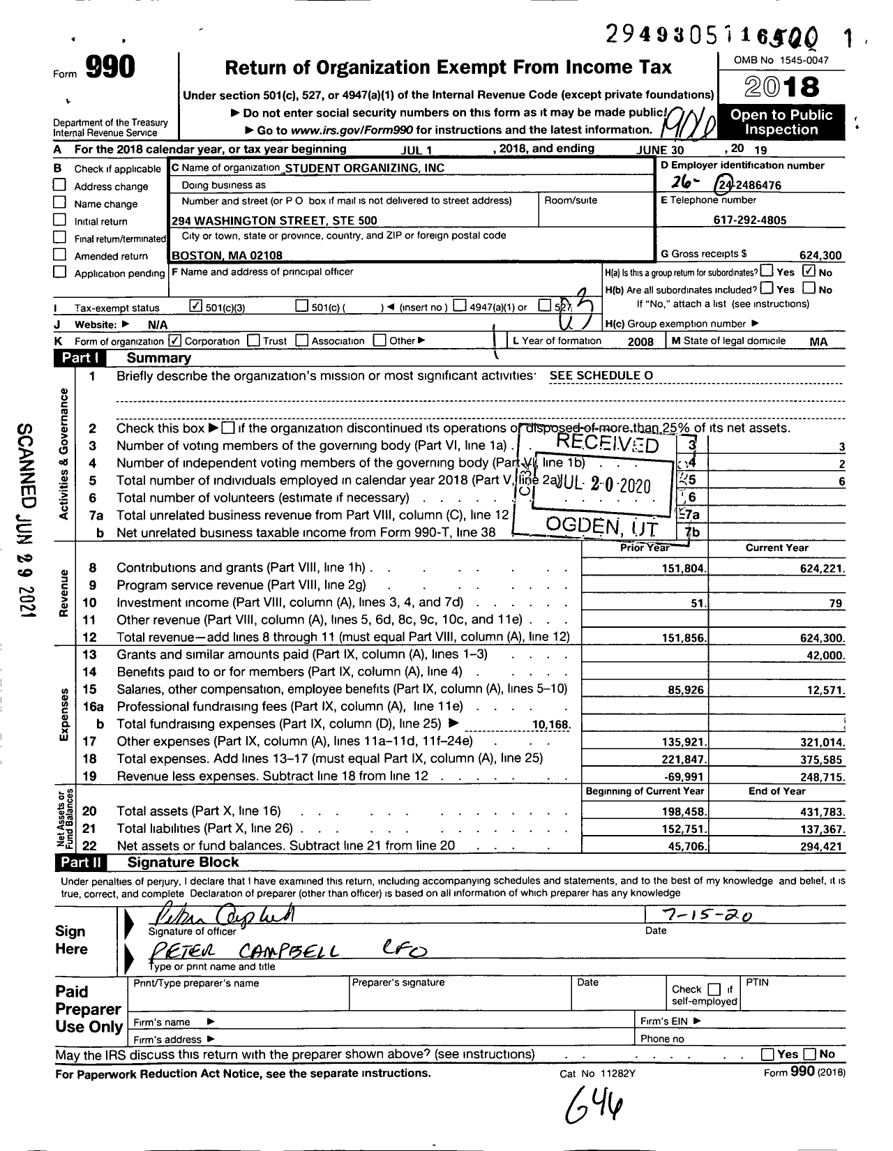 Image of first page of 2018 Form 990 for Student Organizing