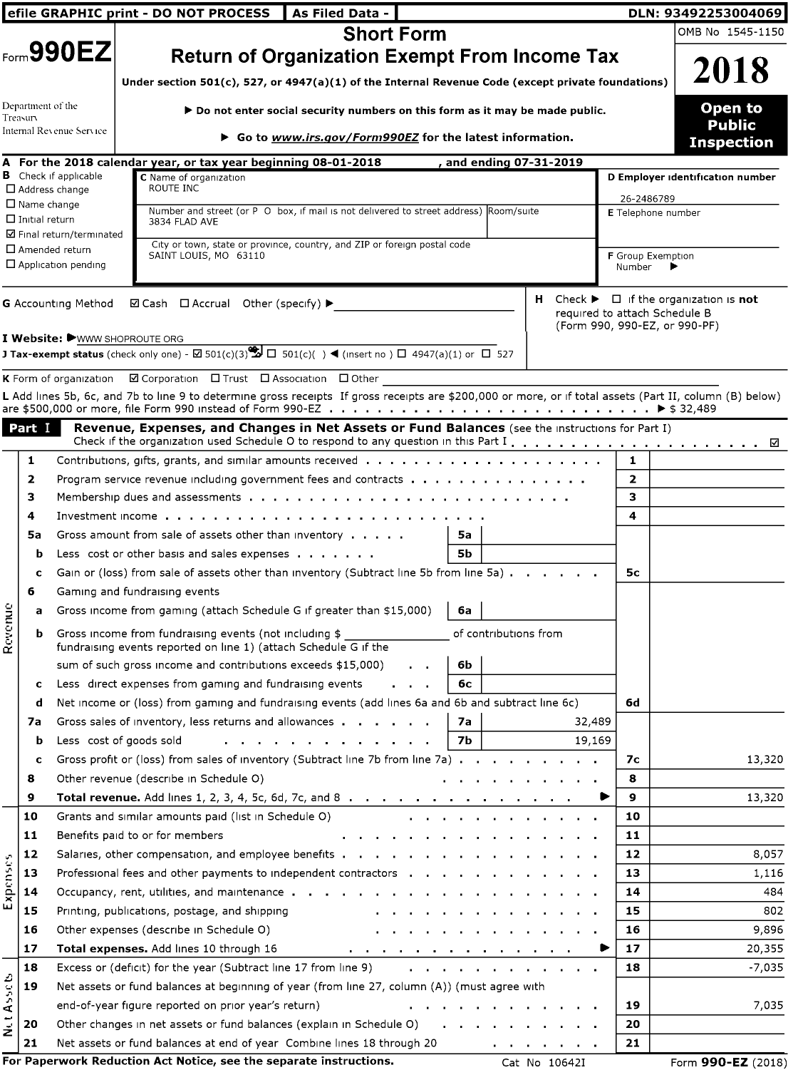 Image of first page of 2018 Form 990EZ for Route