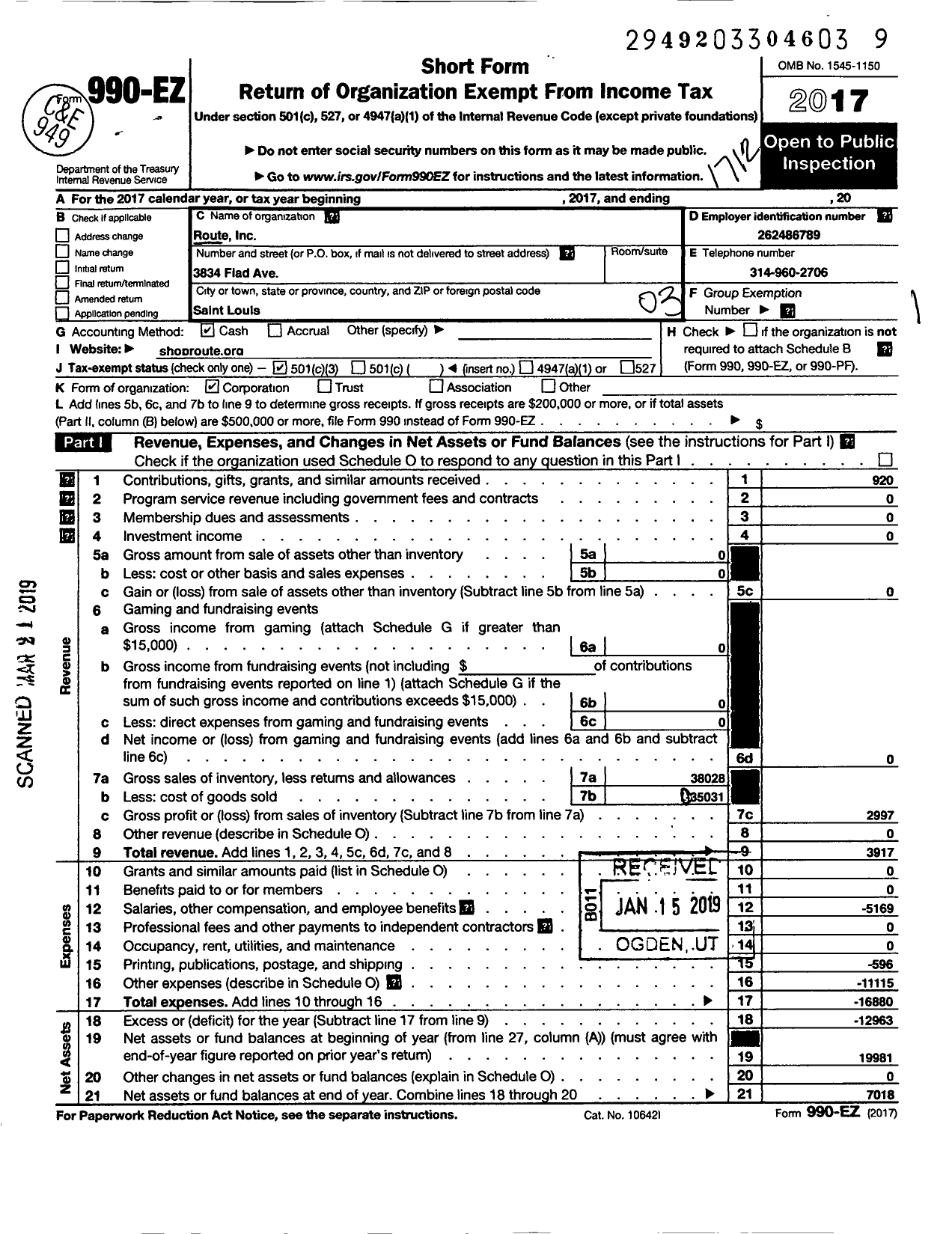 Image of first page of 2017 Form 990EZ for Route