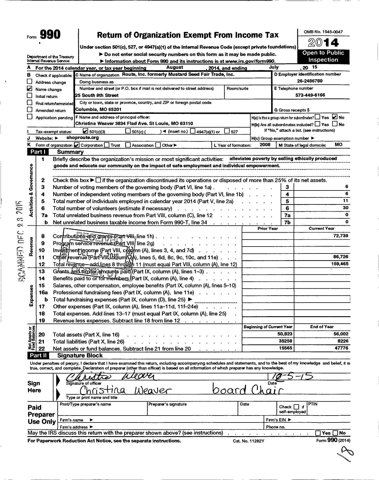 Image of first page of 2014 Form 990 for Route