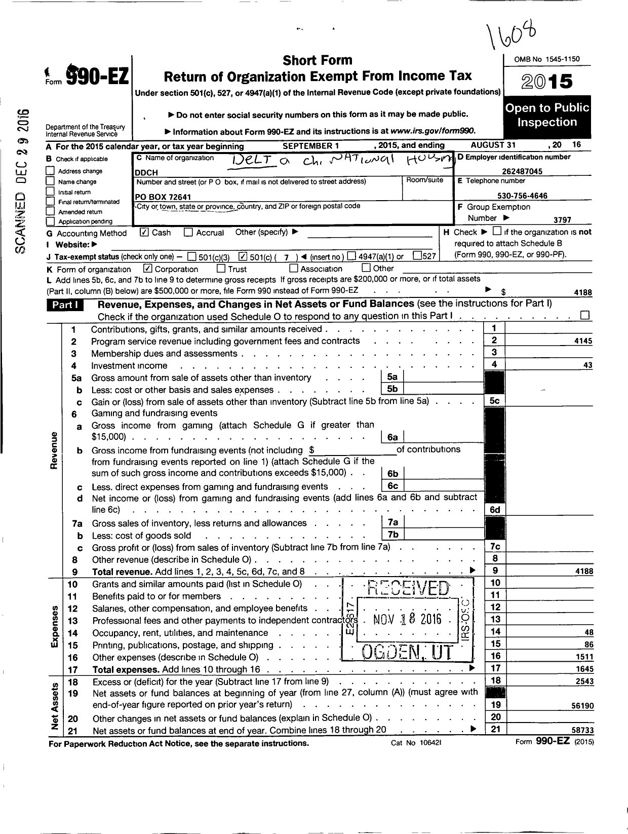 Image of first page of 2015 Form 990EO for Delta Chi National Housing Corporation / DDCH