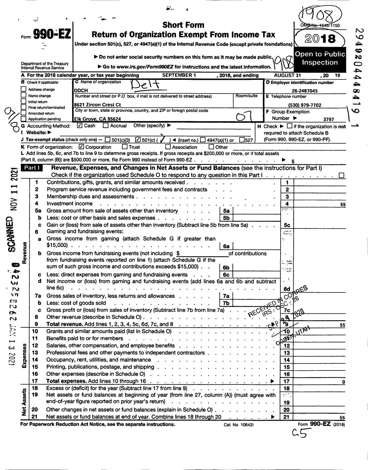 Image of first page of 2018 Form 990EO for Delta Chi National Housing Corporation / DDCH