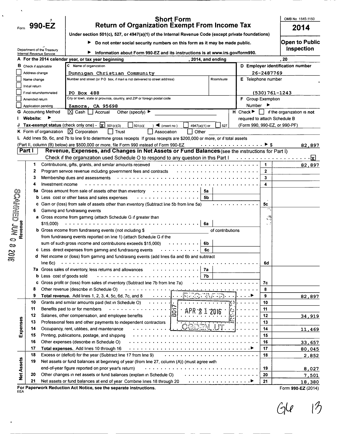 Image of first page of 2014 Form 990EZ for Dunnigan Christian Community