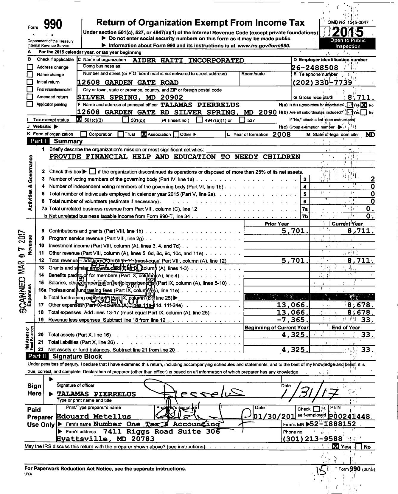 Image of first page of 2015 Form 990 for Aider Haiti Incorporated