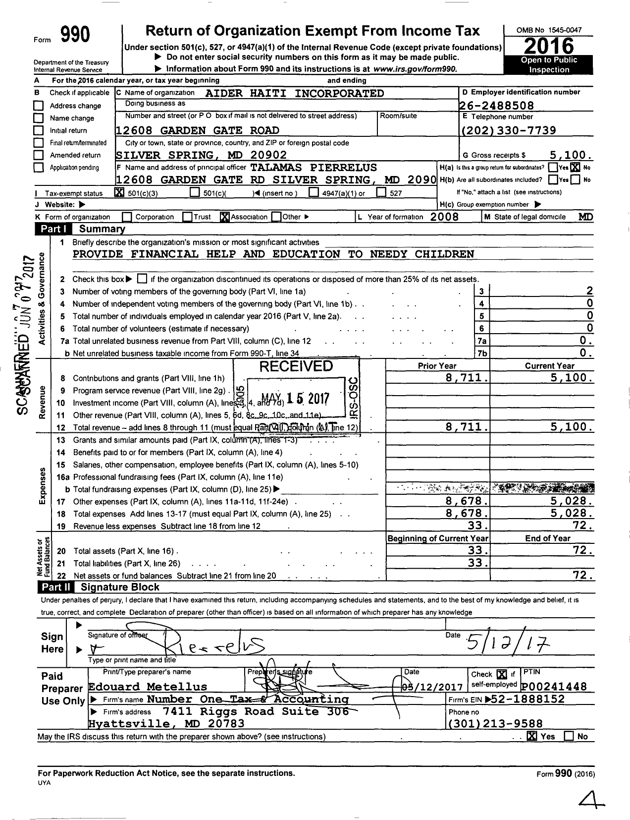 Image of first page of 2016 Form 990 for Aider Haiti Incorporated