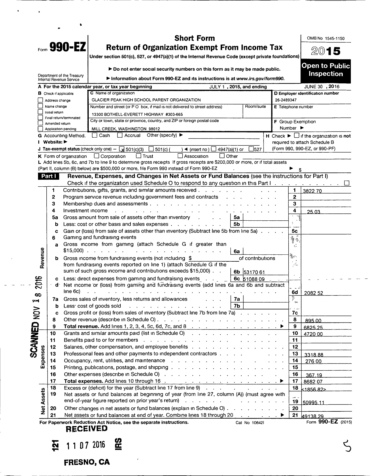 Image of first page of 2015 Form 990EZ for Glacier Peak High School Parent Organization
