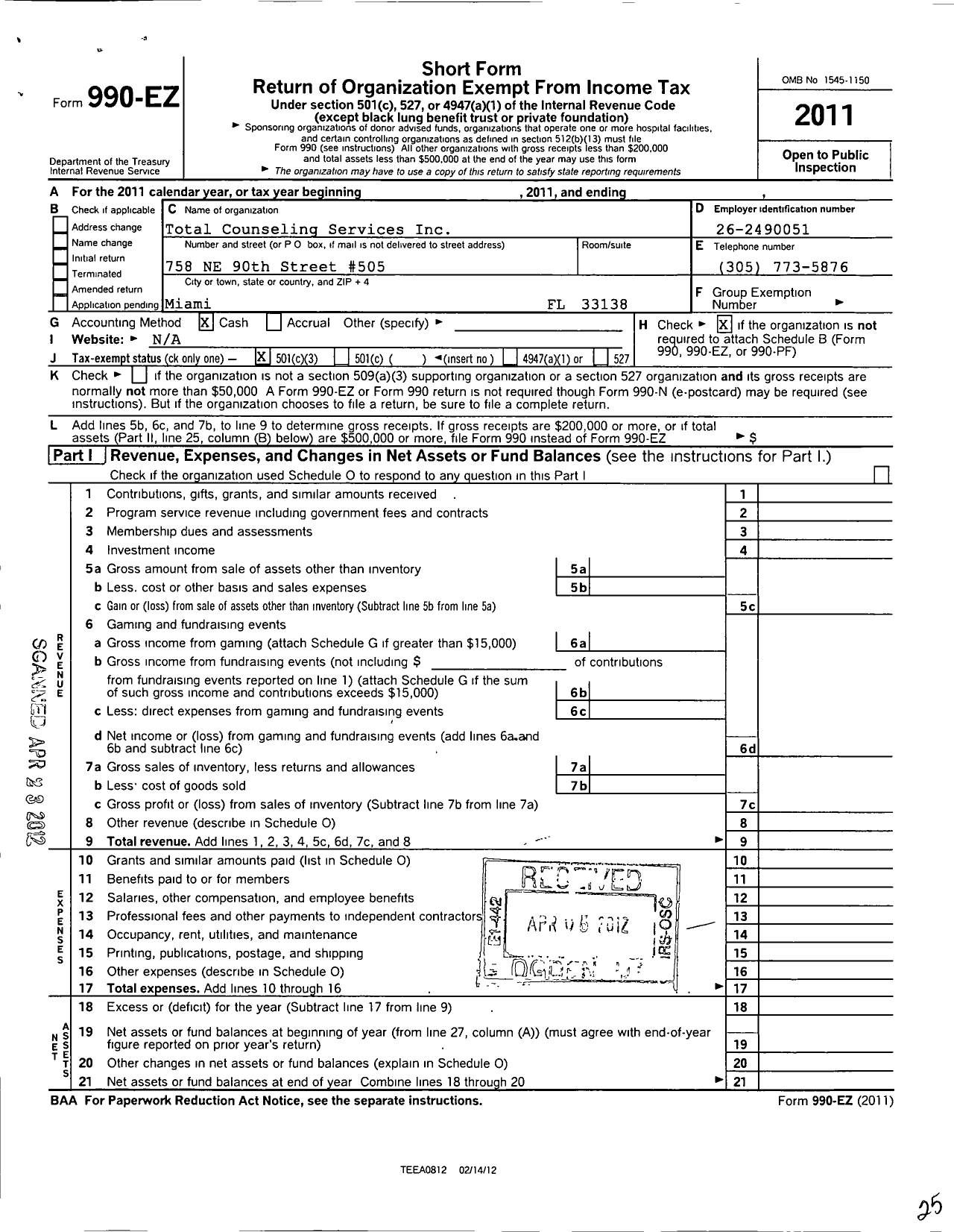 Image of first page of 2011 Form 990EZ for Total Counseling Services