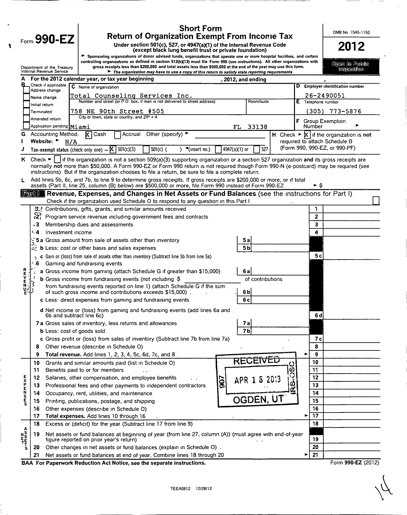 Image of first page of 2012 Form 990EZ for Total Counseling Services