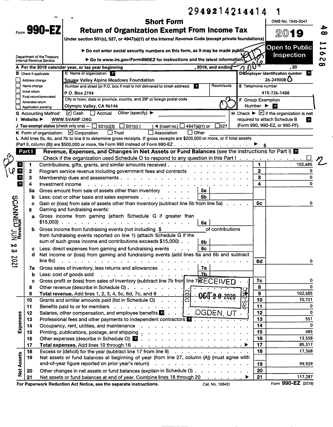 Image of first page of 2019 Form 990EZ for Palisades Tahoe Community Foundation
