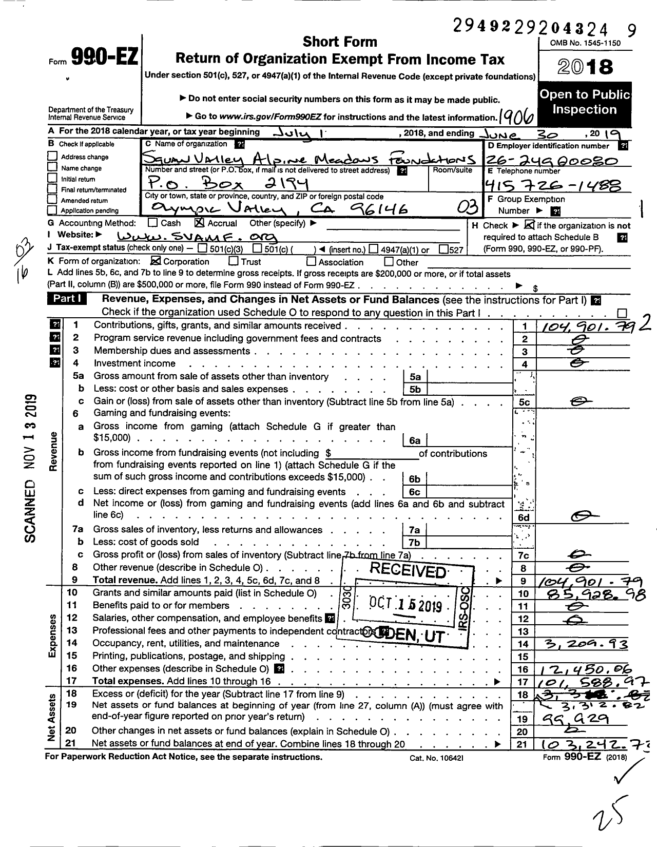 Image of first page of 2018 Form 990EZ for Palisades Tahoe Community Foundation