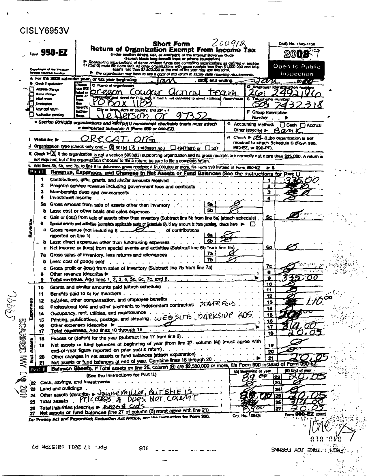 Image of first page of 2009 Form 990EZ for Oregon Cougar Action Team - Orcat