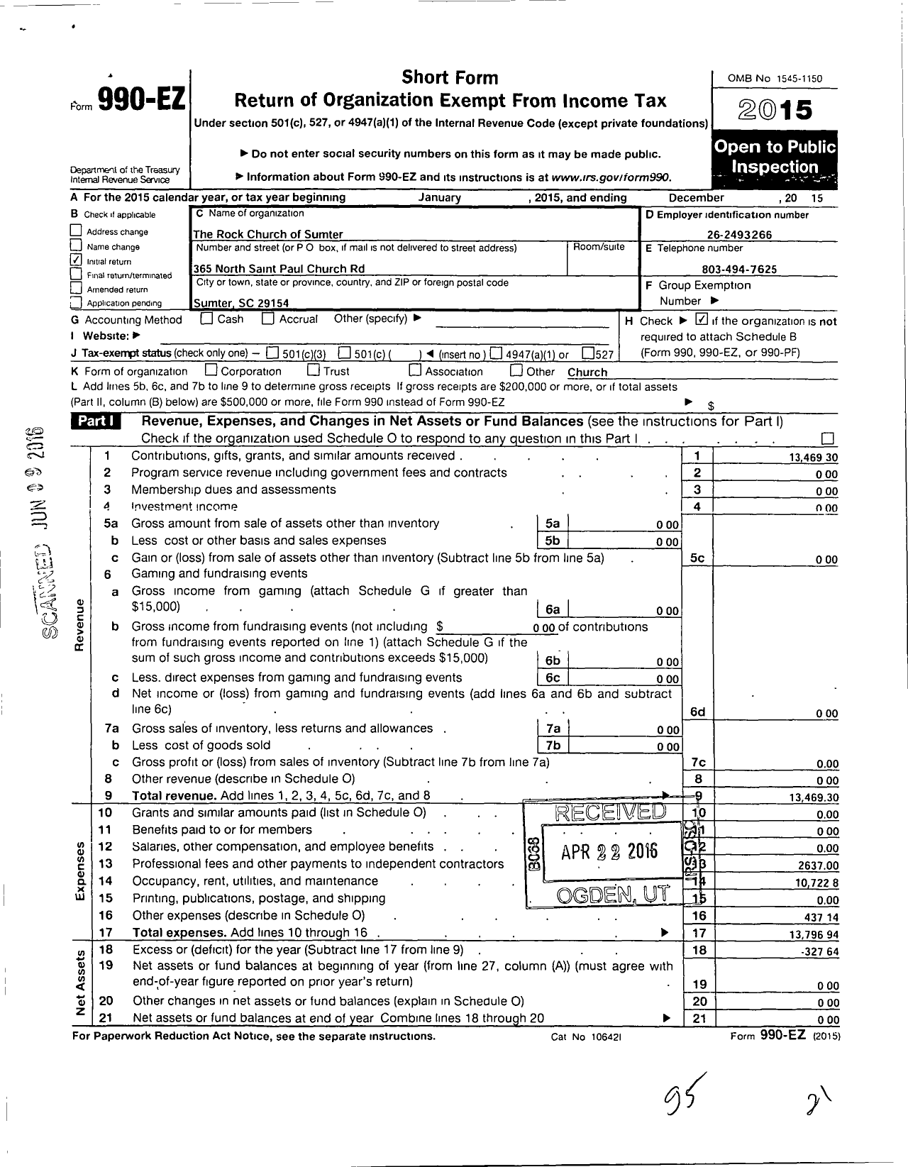 Image of first page of 2015 Form 990EO for Rock Church of Sumter