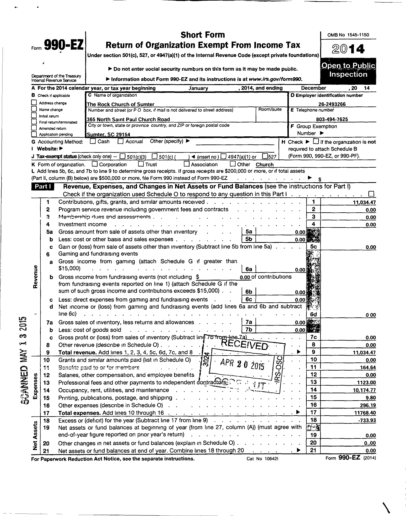 Image of first page of 2014 Form 990EO for Rock Church of Sumter