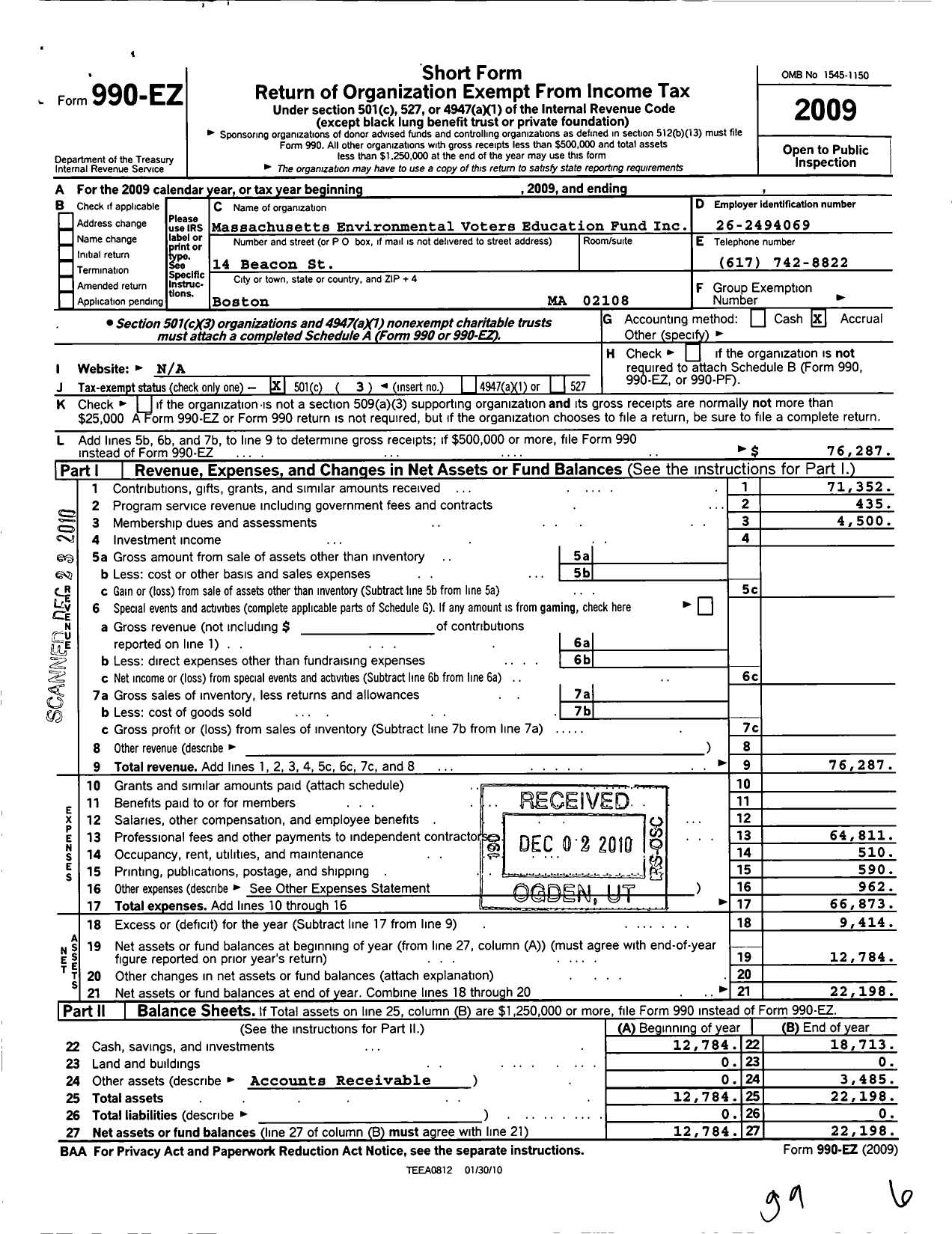 Image of first page of 2009 Form 990EZ for Massachusetts Parks for All