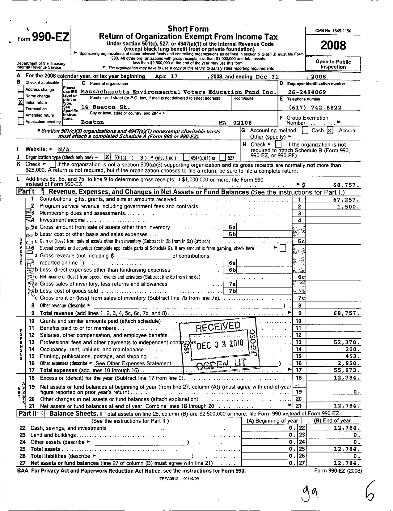 Image of first page of 2008 Form 990EZ for Massachusetts Parks for All