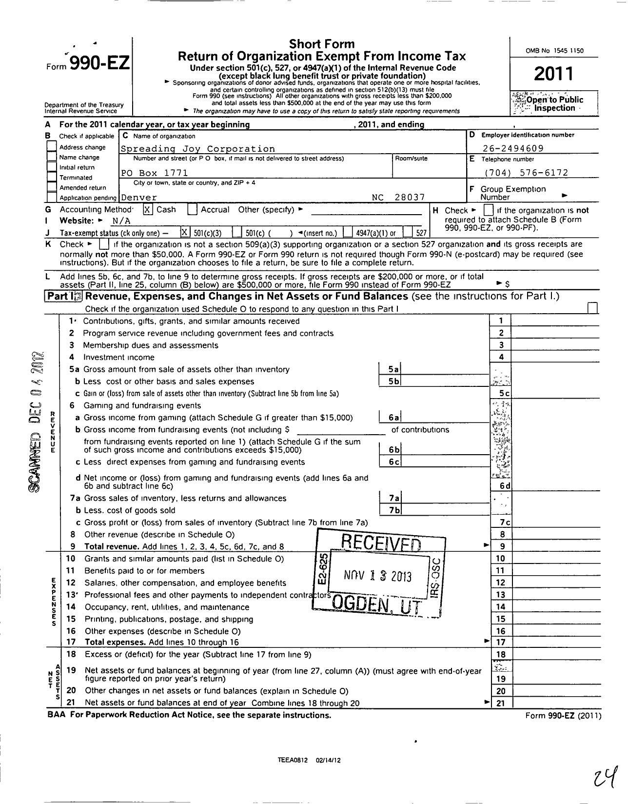 Image of first page of 2011 Form 990EZ for Spreading Joy Corporation