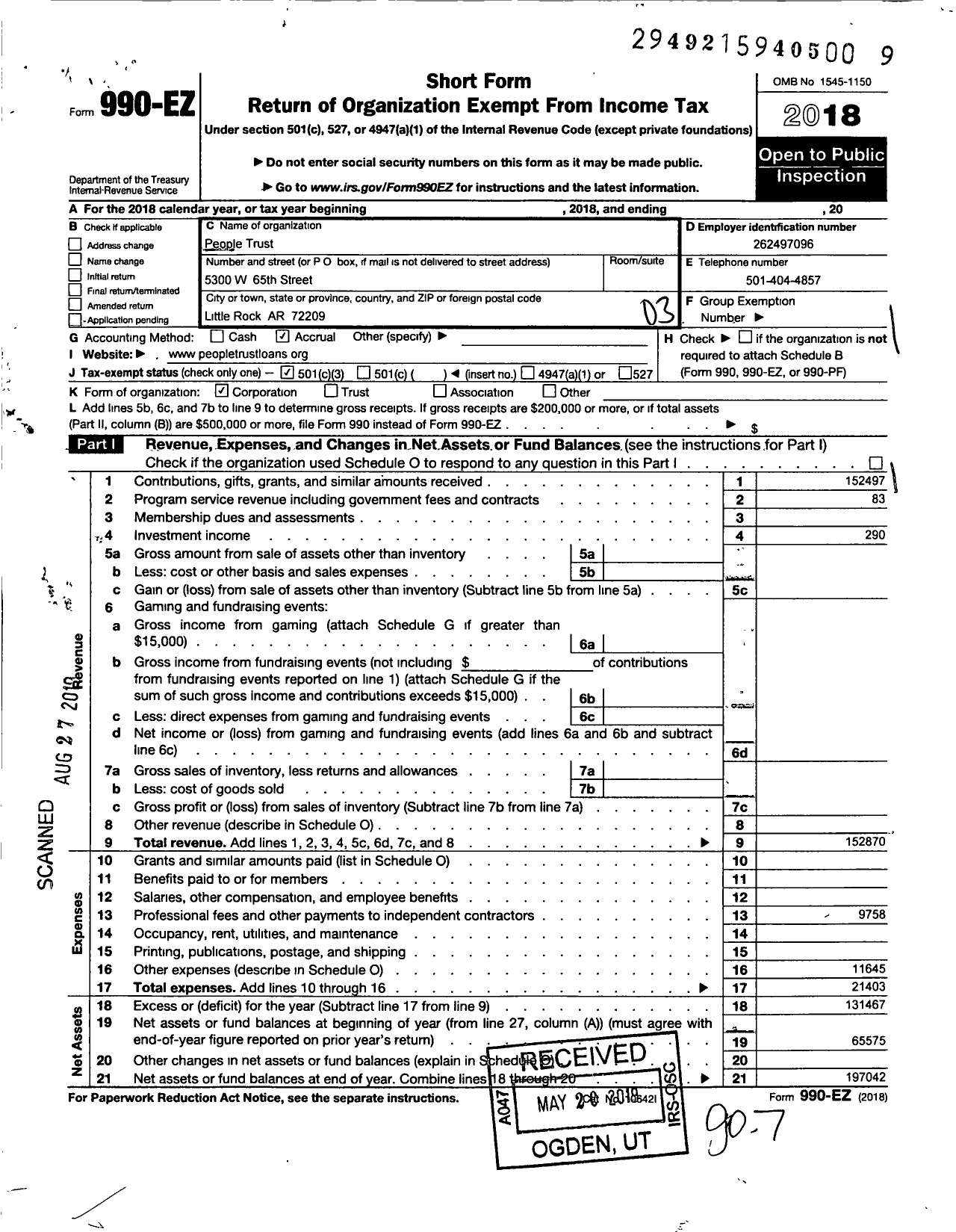 Image of first page of 2018 Form 990EZ for People-Providing Equal Opportunities Promoting Learning