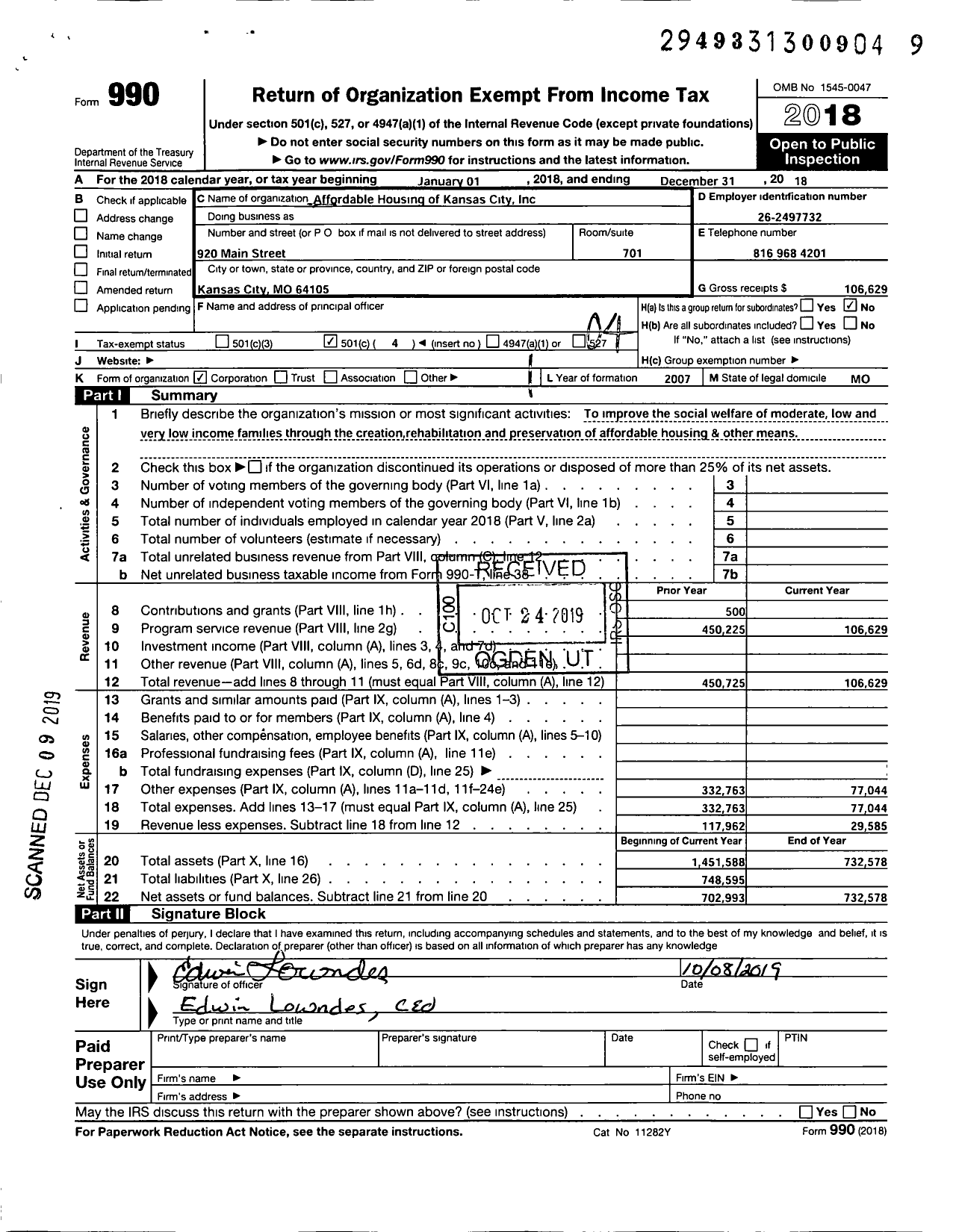 Image of first page of 2018 Form 990O for Affordable Housing of Kansas City