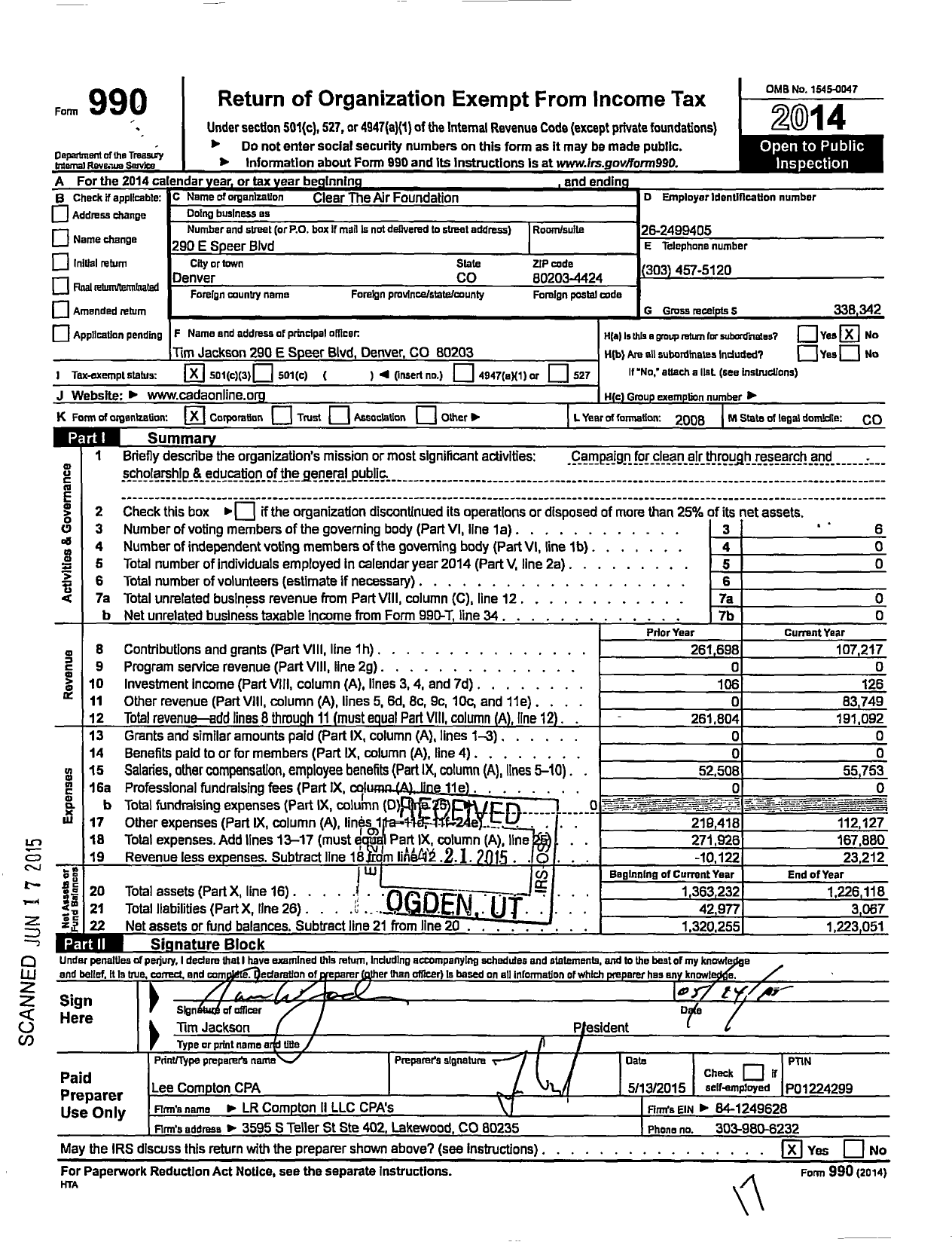 Image of first page of 2014 Form 990 for Clear the Air Foundation