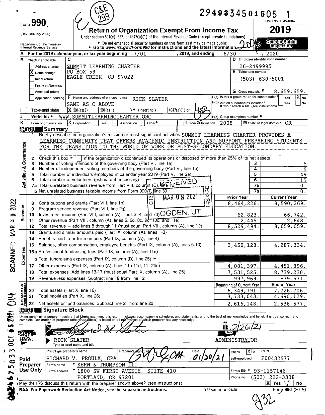 Image of first page of 2019 Form 990 for Summit Learning Charter