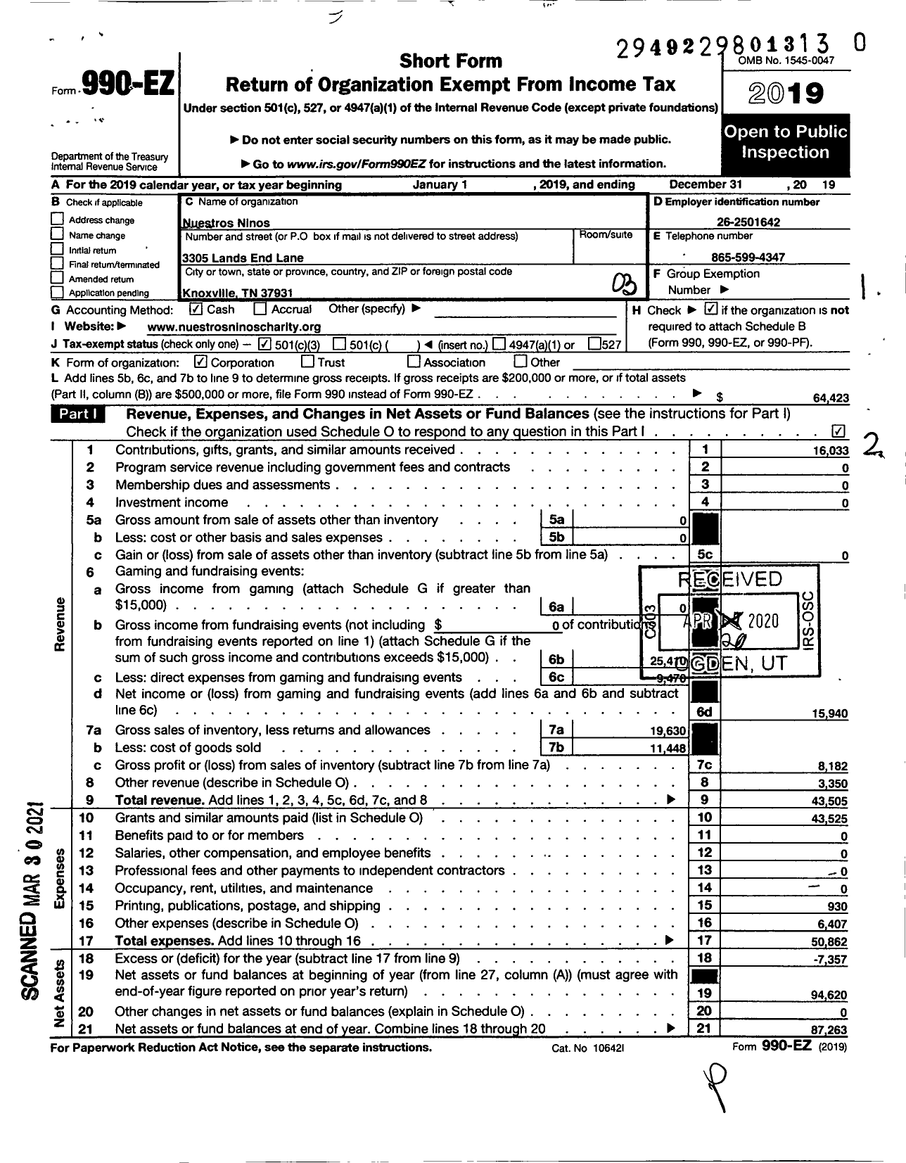 Image of first page of 2019 Form 990EZ for Nuestros Ninos