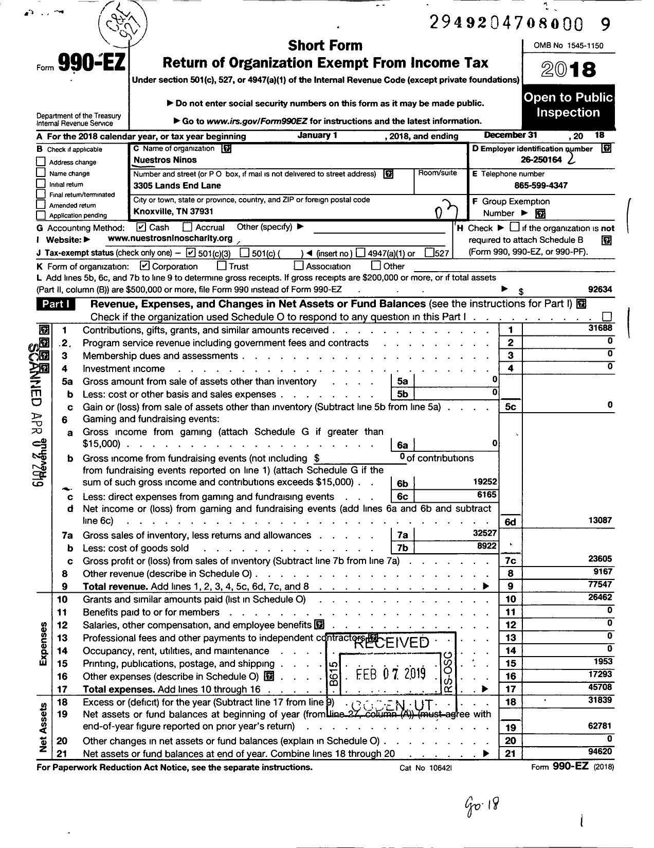 Image of first page of 2018 Form 990EZ for Nuestros Ninos