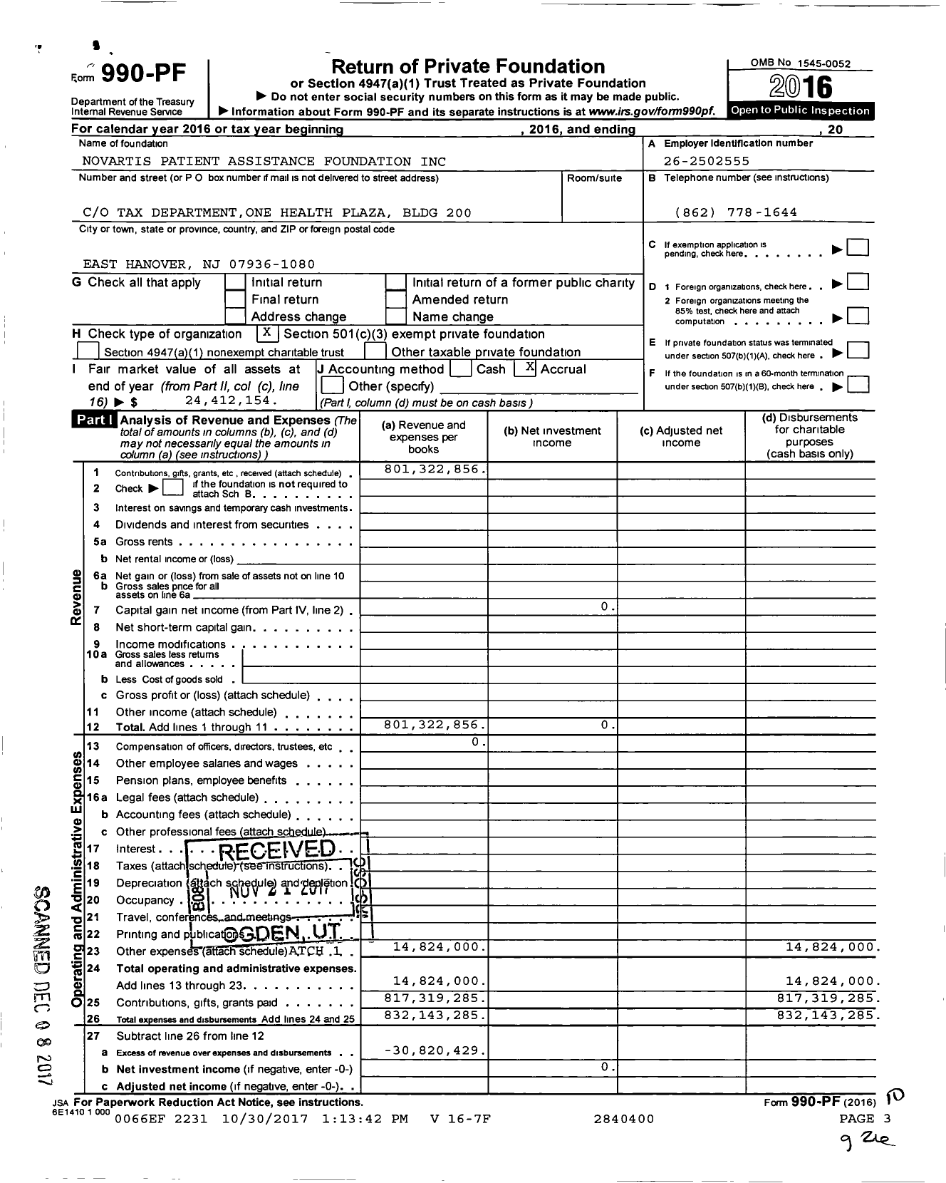 Image of first page of 2016 Form 990PF for Novartis Patient Assistance Foundation (NPAF)