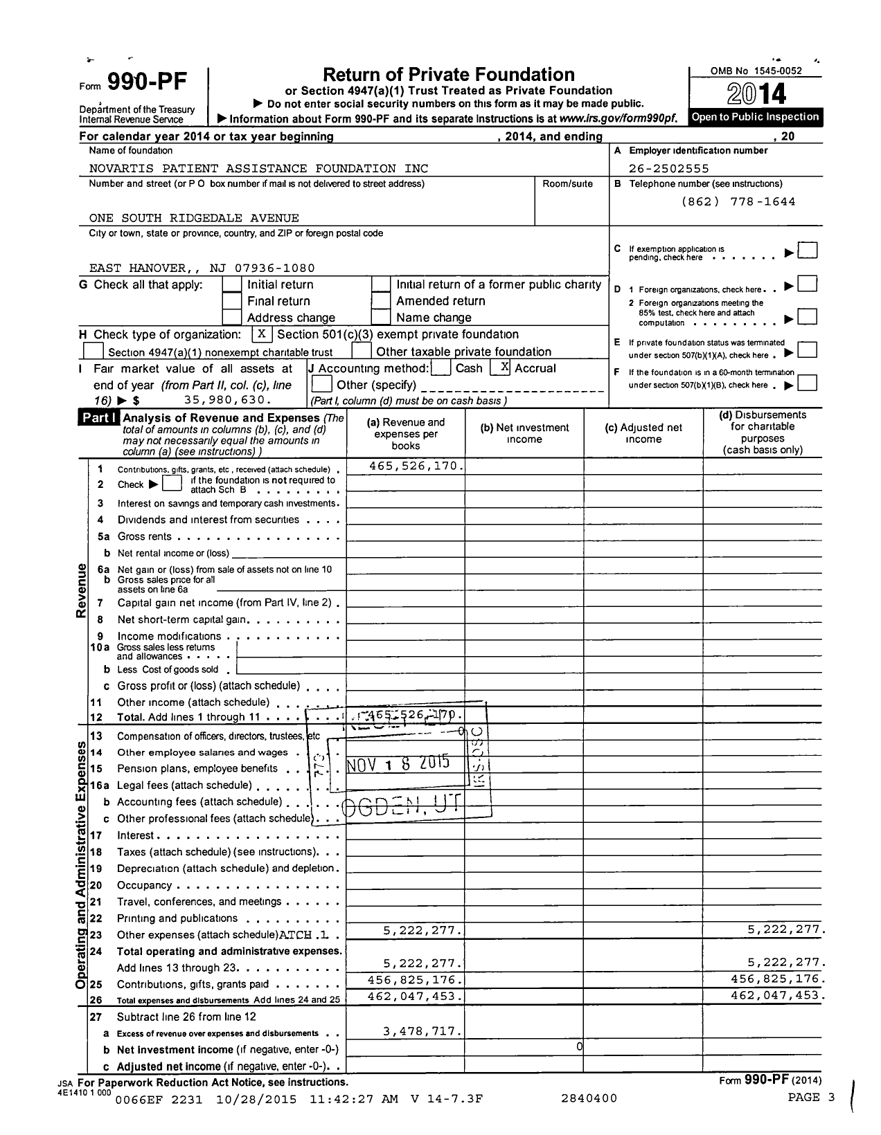Image of first page of 2014 Form 990PF for Novartis Patient Assistance Foundation (NPAF)