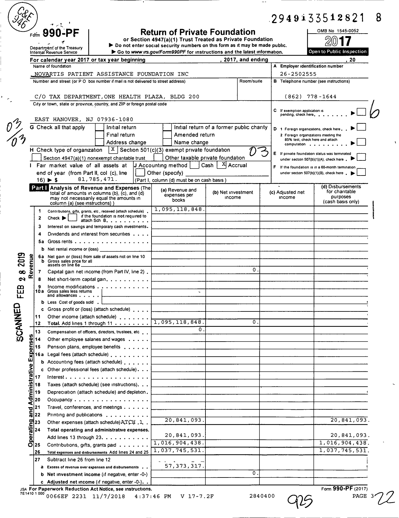 Image of first page of 2017 Form 990PF for Novartis Patient Assistance Foundation (NPAF)