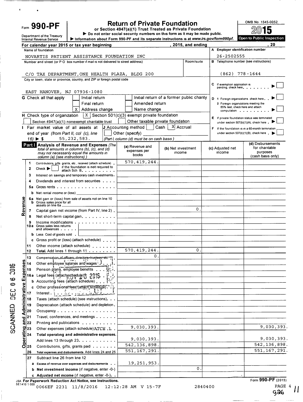 Image of first page of 2015 Form 990PF for Novartis Patient Assistance Foundation (NPAF)