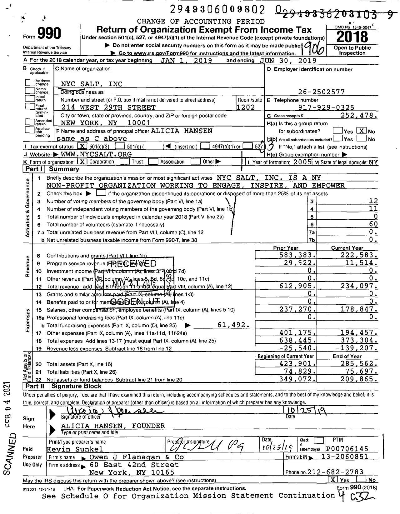 Image of first page of 2018 Form 990 for NYCSalt