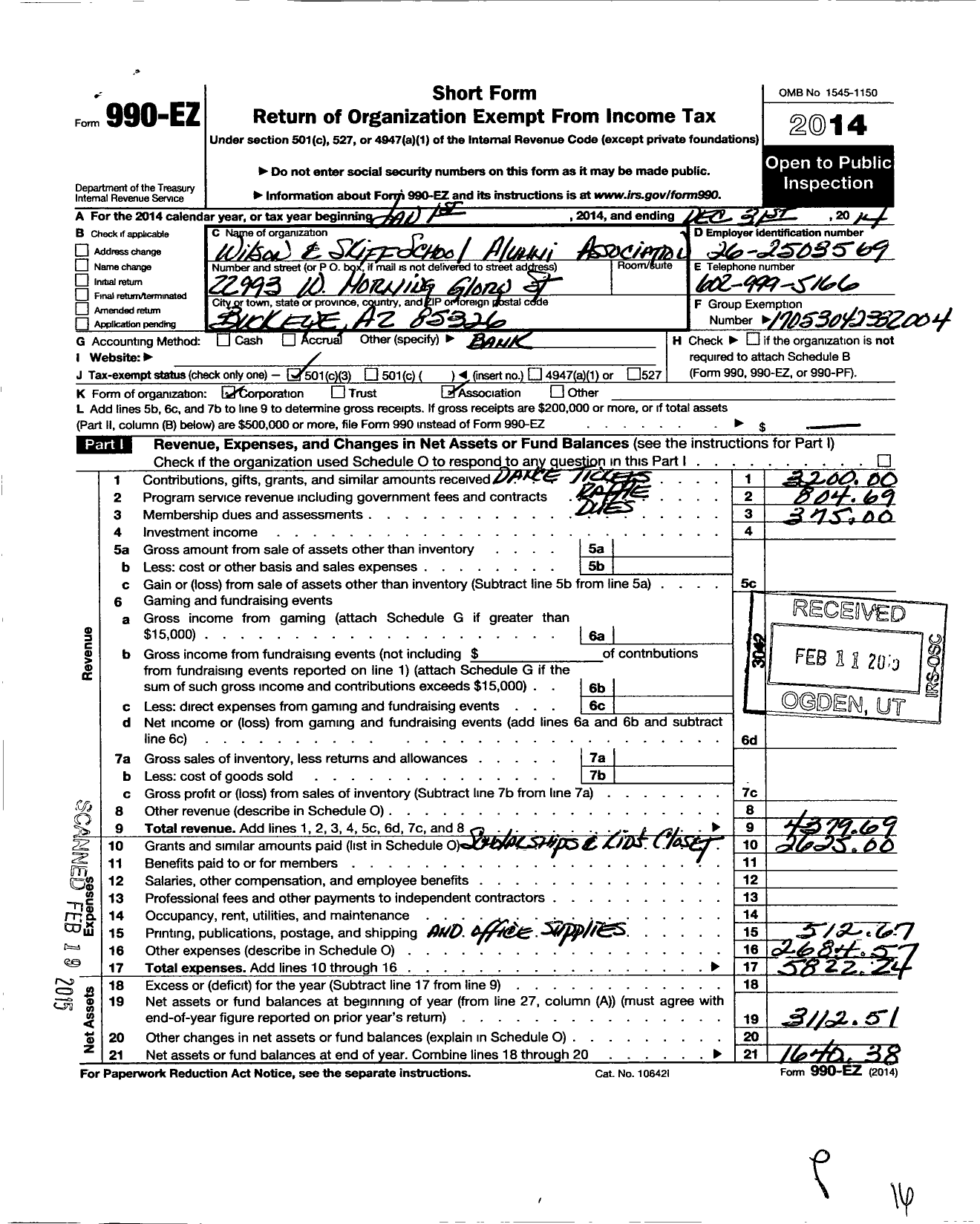 Image of first page of 2014 Form 990EZ for Wilson Skiff Alumni Association