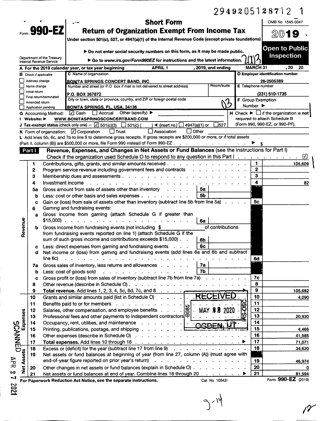 Image of first page of 2019 Form 990EZ for Bonita Springs Concert Band