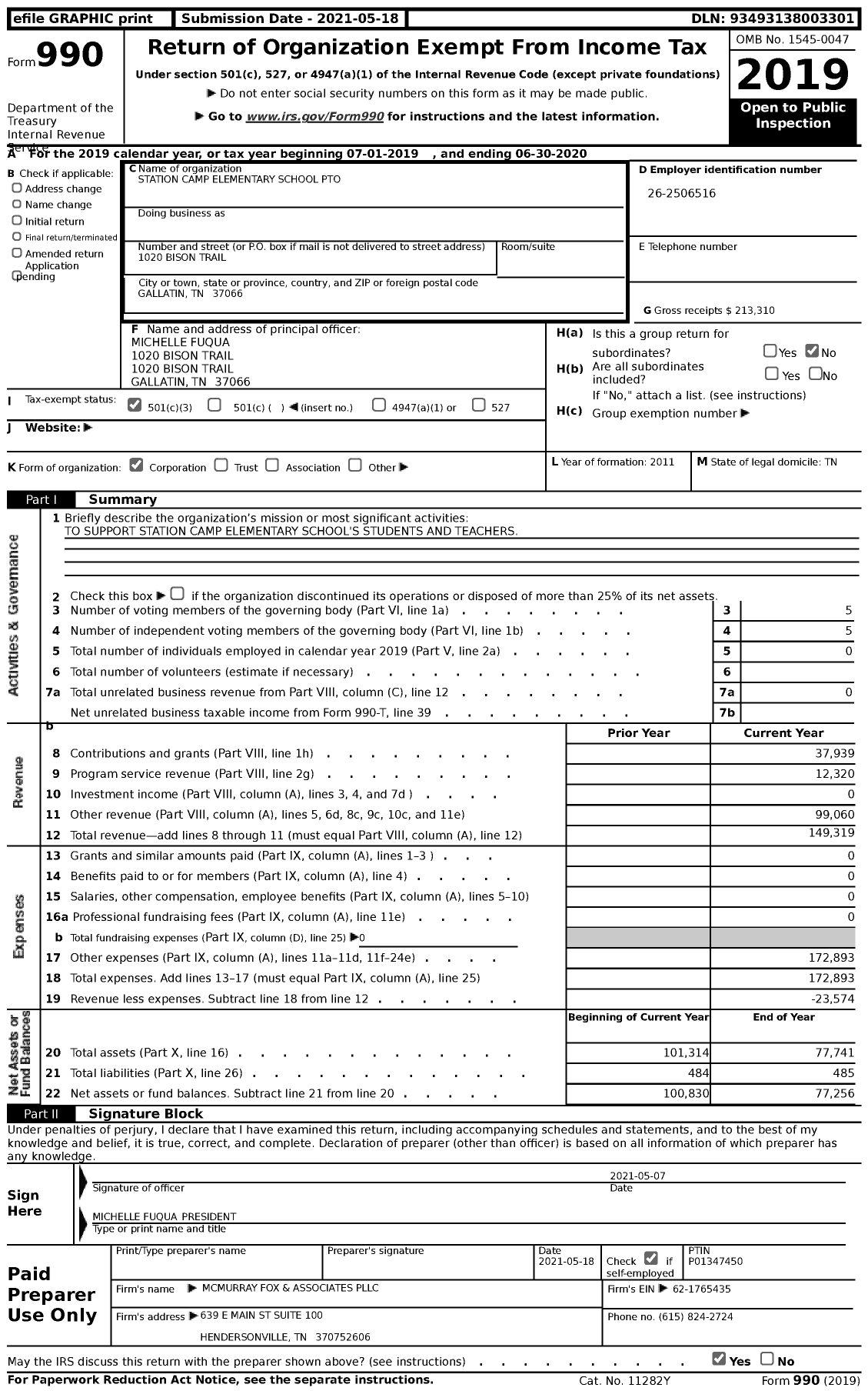 Image of first page of 2019 Form 990 for Station Camp Elementary School Pto