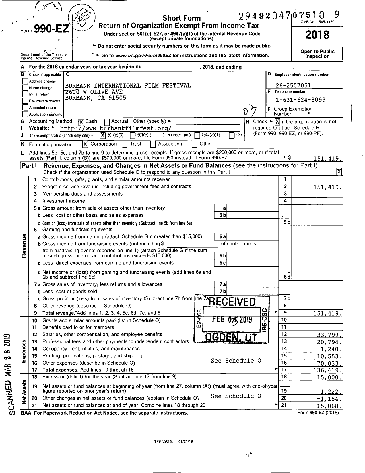 Image of first page of 2018 Form 990EZ for Burbank International Film Festival