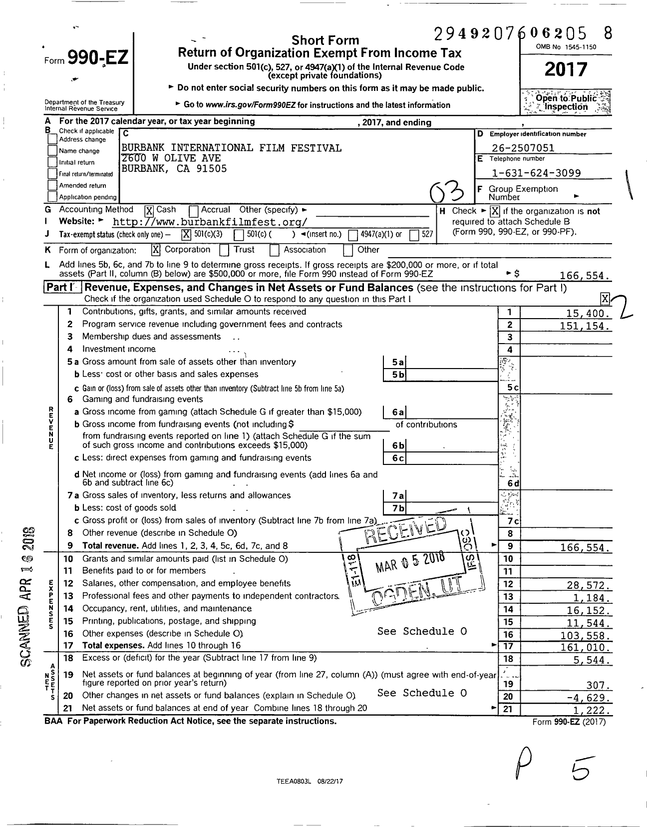 Image of first page of 2017 Form 990EZ for Burbank International Film Festival