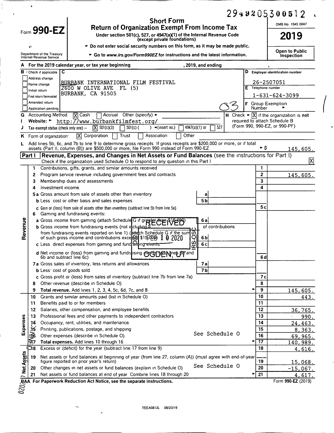 Image of first page of 2019 Form 990EZ for Burbank International Film Festival