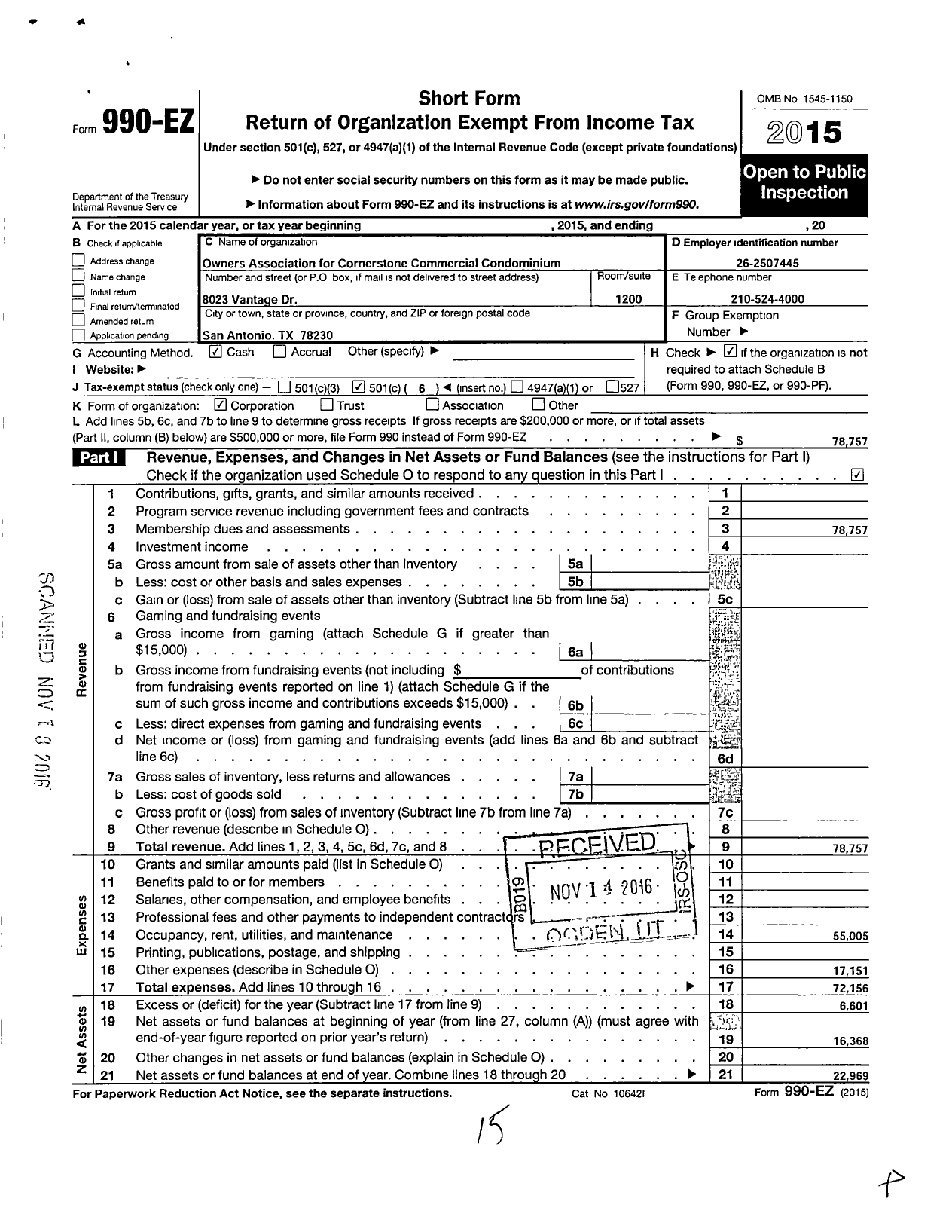 Image of first page of 2015 Form 990EO for The Owners Association for Cornerstone Commercial Condominiums