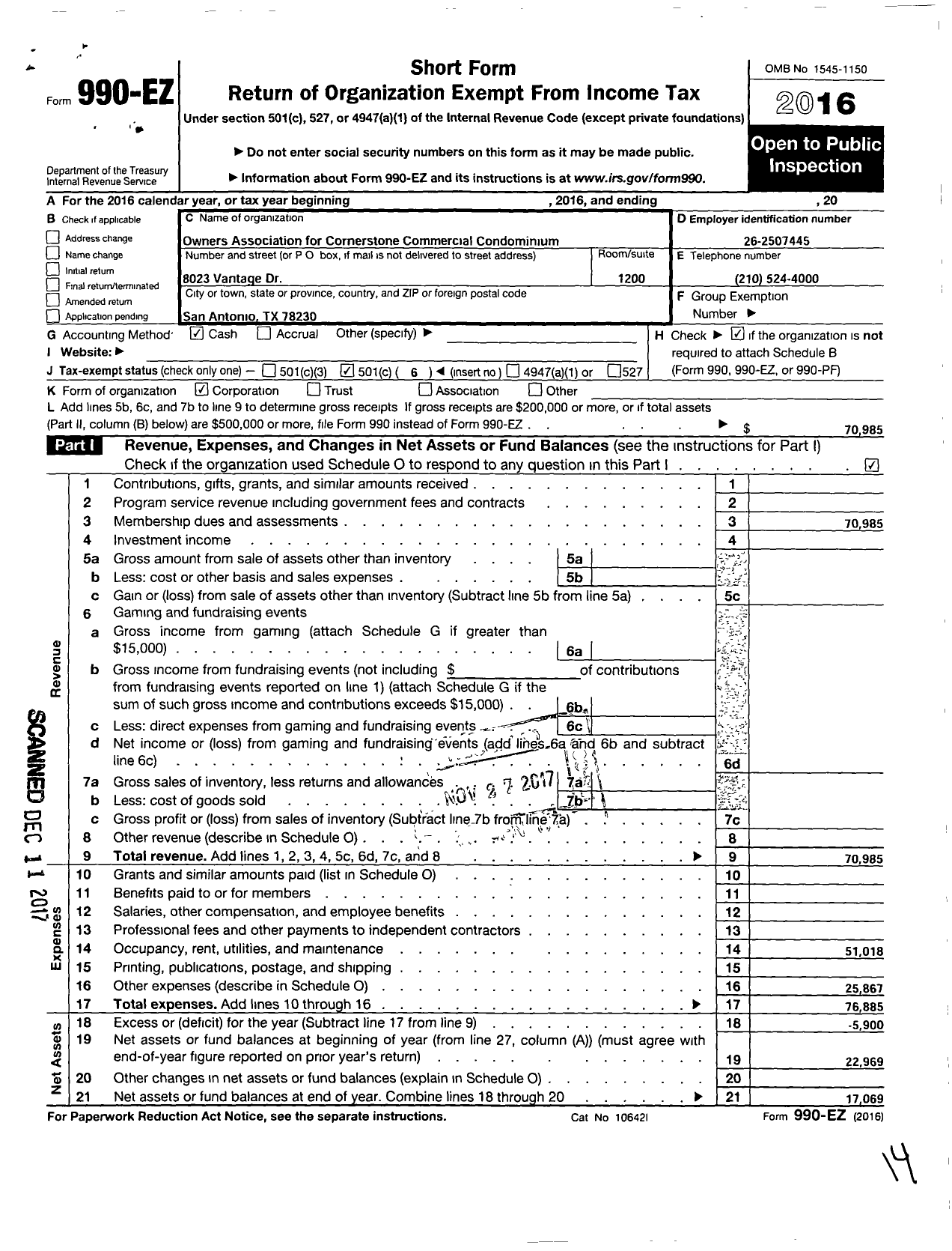 Image of first page of 2016 Form 990EO for The Owners Association for Cornerstone Commercial Condominiums