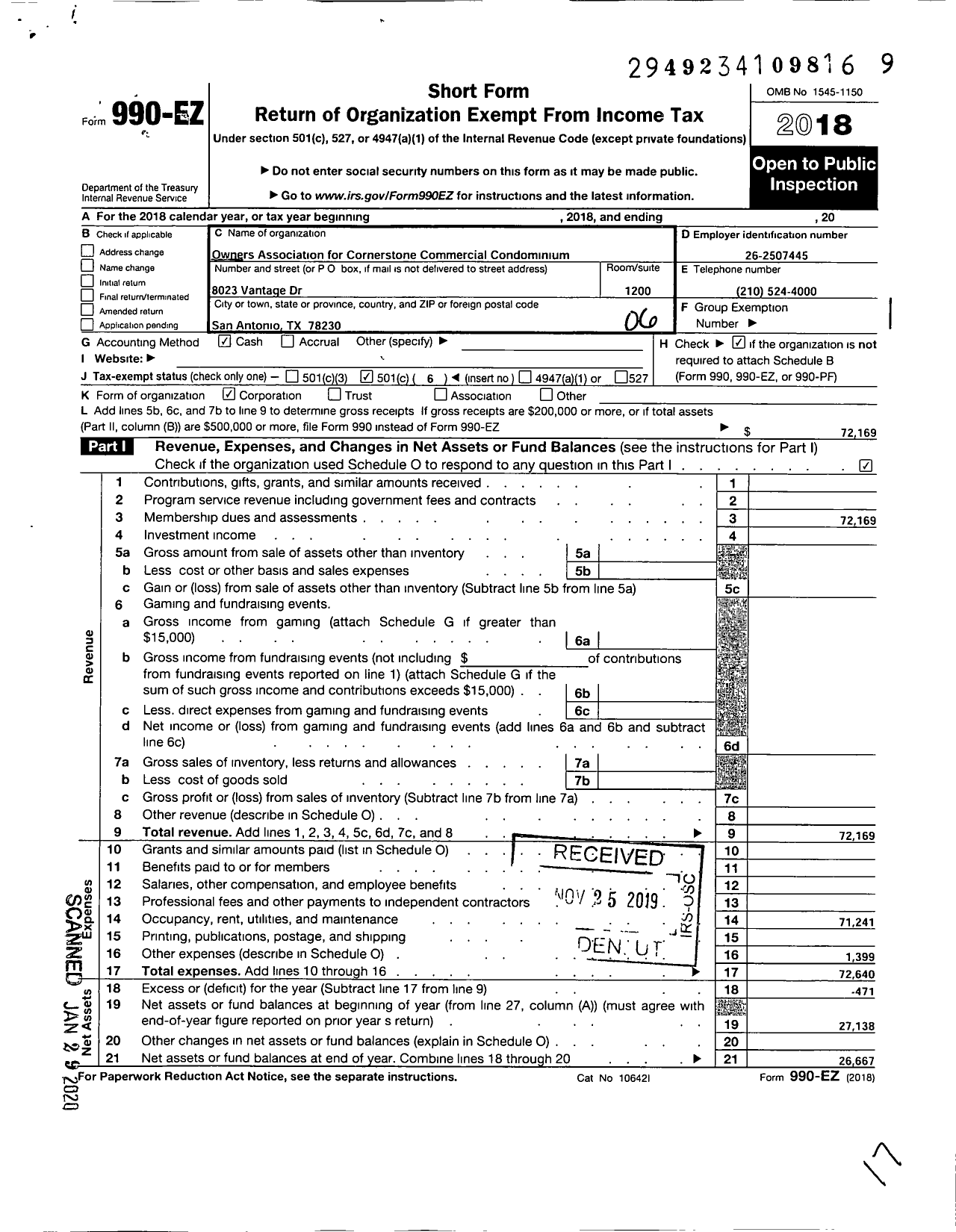 Image of first page of 2018 Form 990EO for The Owners Association for Cornerstone Commercial Condominiums