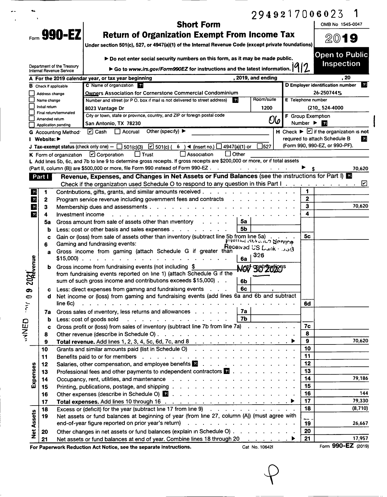 Image of first page of 2019 Form 990EO for The Owners Association for Cornerstone Commercial Condominiums